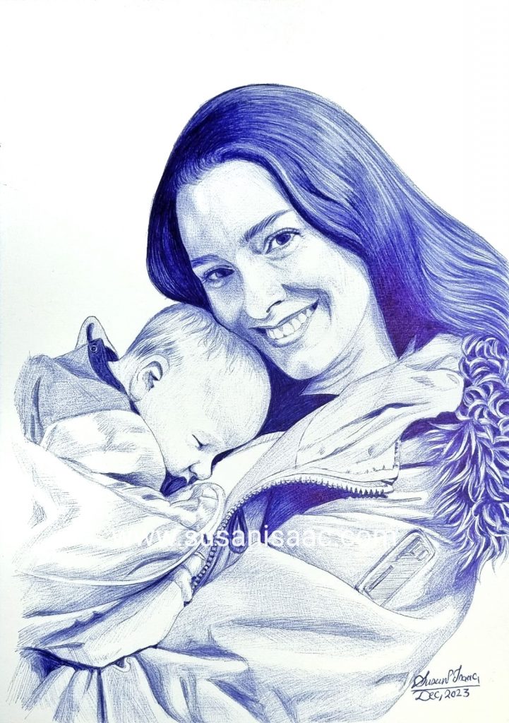 Mumy with baby ballpoint portrait