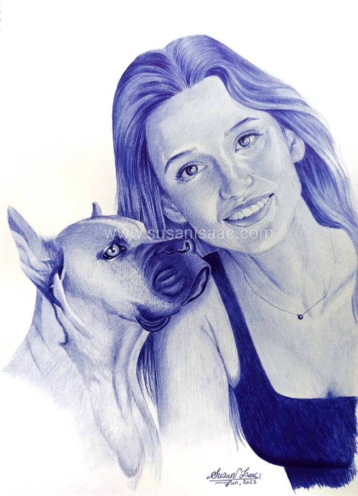 Retrato con bolígrafo de dueño y mascota perro