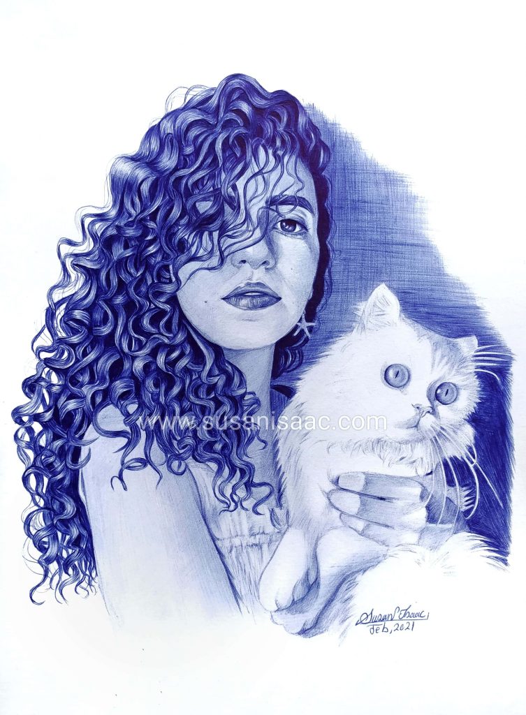 Retrato con bolígrafo de dueño y mascota gato