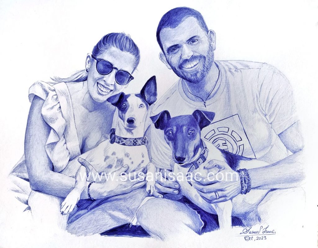 Retrato bolígrafo de pareja y mascostas